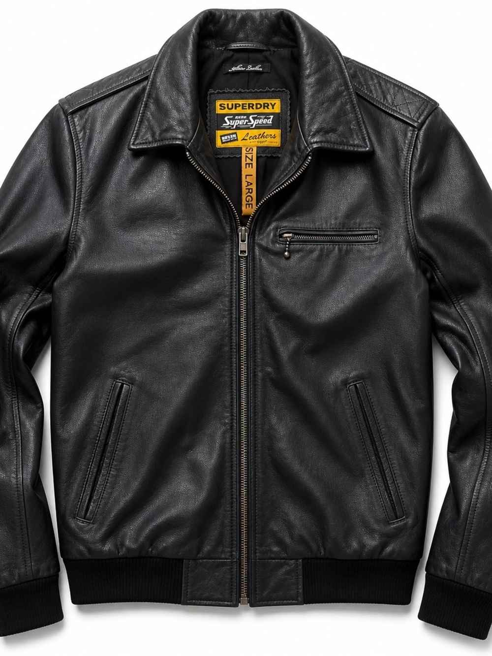 Superdry Super Speed Leather Jacket Black Italian Leather Moto Slim Fit Sz L